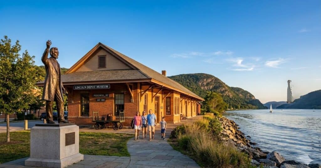 Historic Lincoln Depot Museum building in Peekskill with visitors and warm daylight