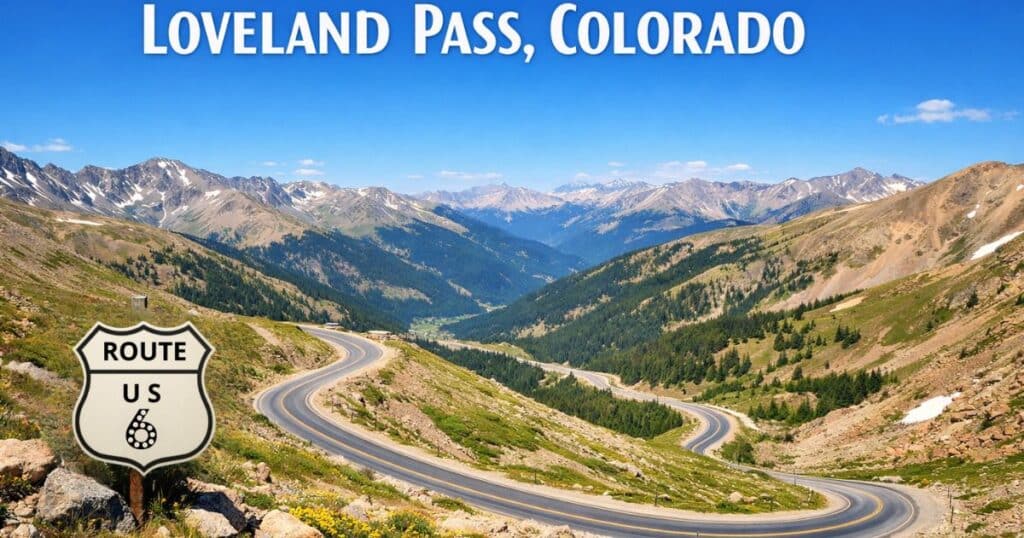 Scenic Loveland Pass summit with winding road and mountain views