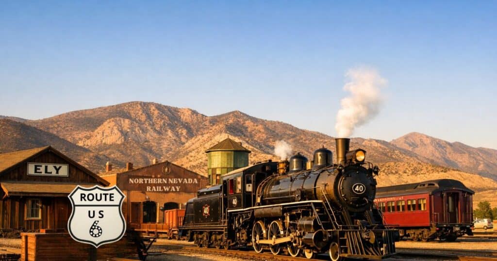 Historic steam train in Ely Nevada rail yard with mountains and US Route 6 travel theme