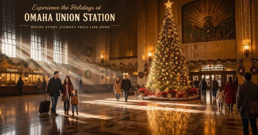 Union Station Omaha decorated for Christmas with large tree and lights