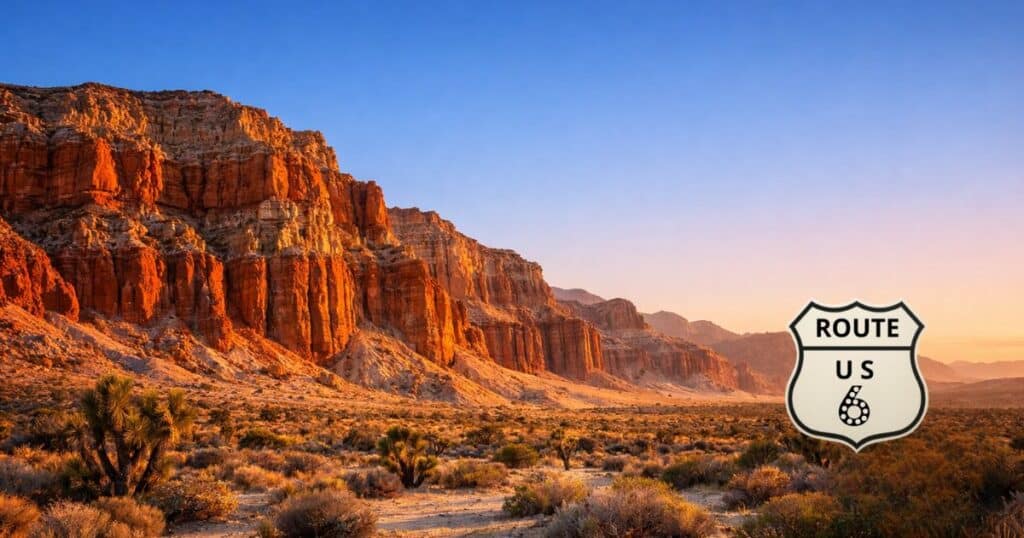 Red Rock Canyon cliffs glowing at sunrise in California desert