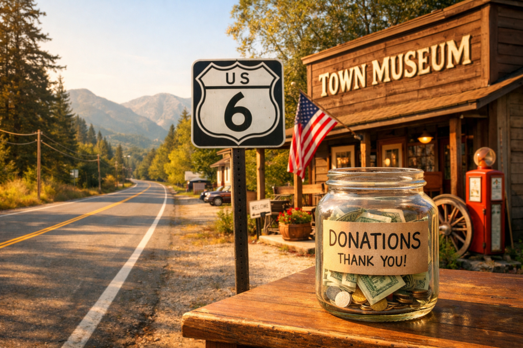 Historic US Route 6 highway stretching across America with community landmarks and warm sunrise light