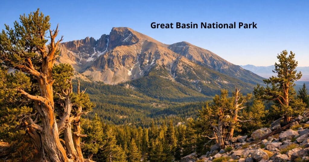 Great Basin National Park with Wheeler Peak and bristlecone pines under clear sky along US Route 6