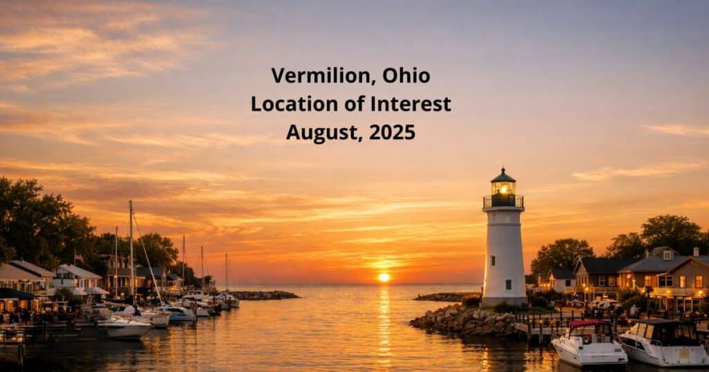 Vermilion lighthouse at sunset with boats along the river