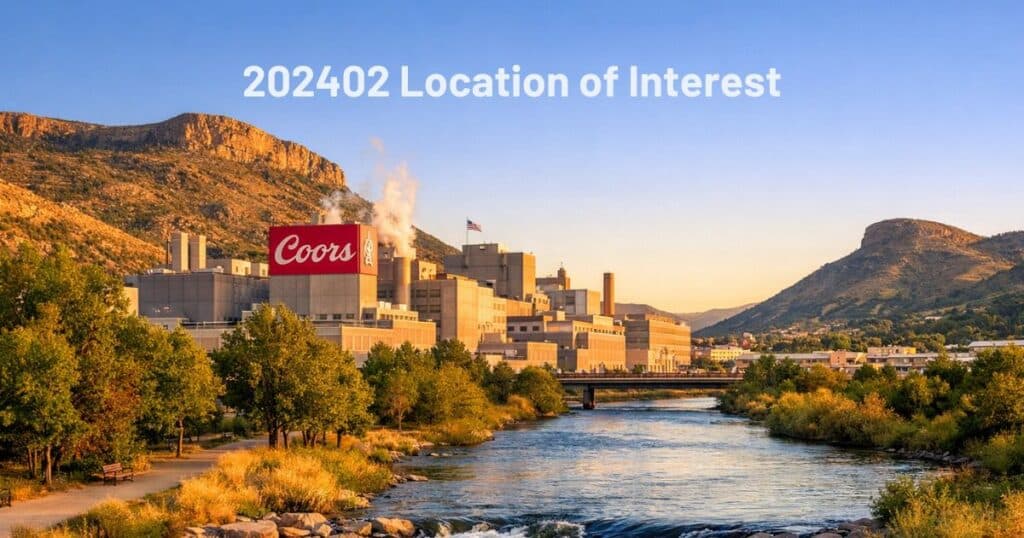 Scenic view of Coors Brewery in Golden Colorado with mountains and Clear Creek along US Route 6