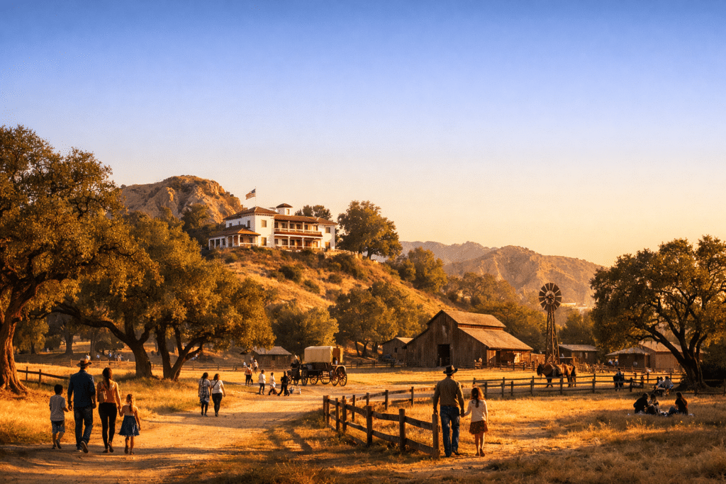 Wide view of William S Hart Park with museum and visitors enjoying the grounds