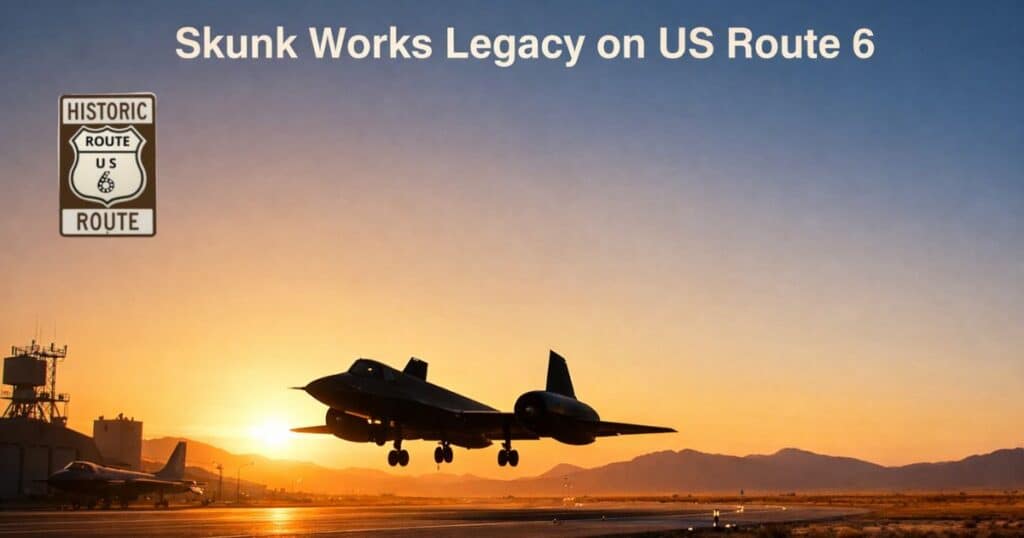 Skunk Works aerospace legacy with SR-71 and desert runway scene
