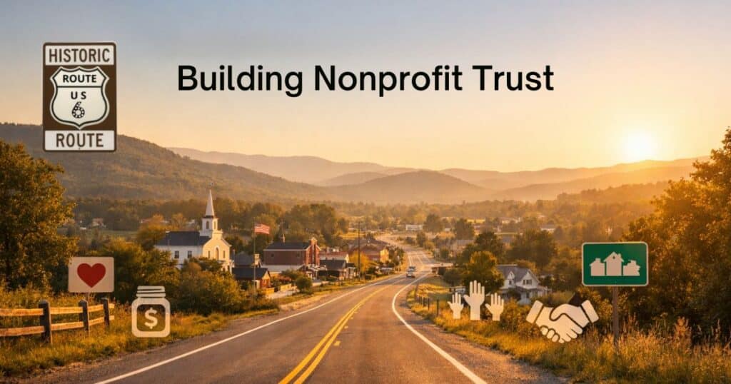 US Route 6 scenic highway with visual symbols of nonprofit community connection