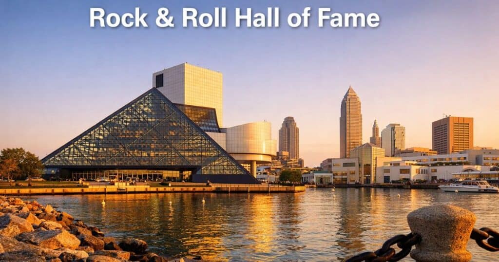 Rock Hall Cleveland exterior with Lake Erie and sunset sky