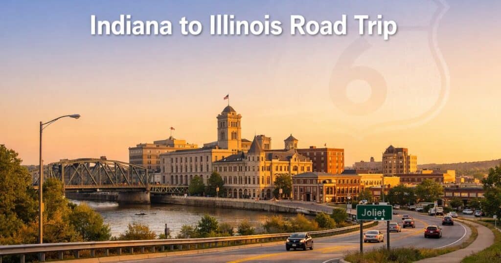 US Route 6 entering Joliet Illinois with historic buildings at sunset