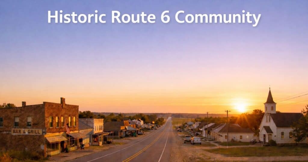 US Route 6 in Ladora Iowa with rural scenery and sunset sky
