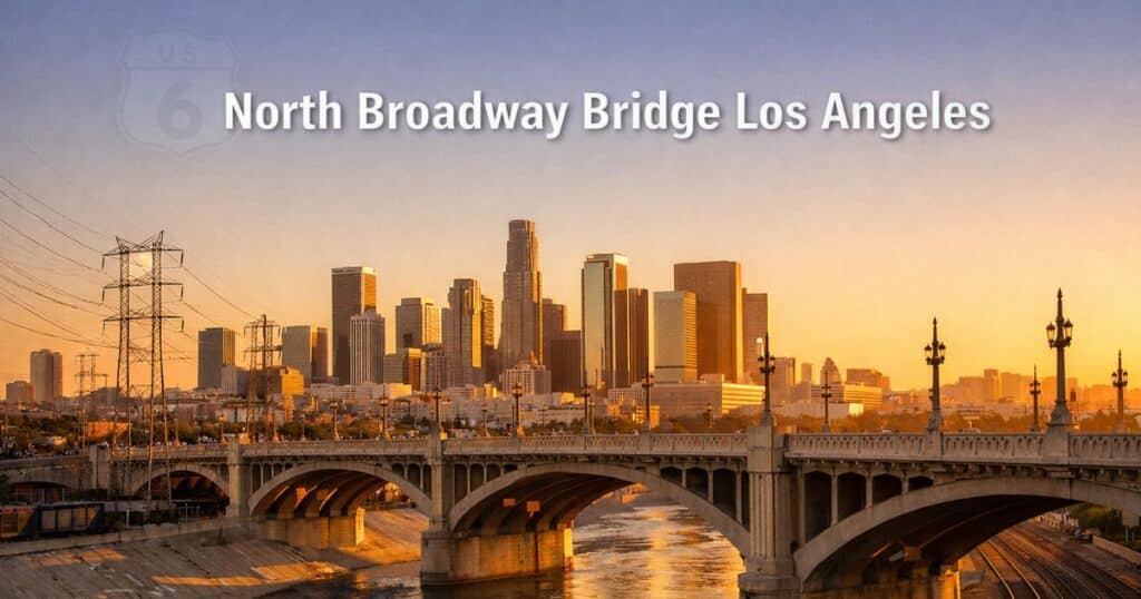 North Broadway Bridge over Los Angeles River with skyline at sunset