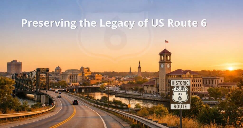 Scenic US Route 6 highway with historic roadside landmarks at sunset