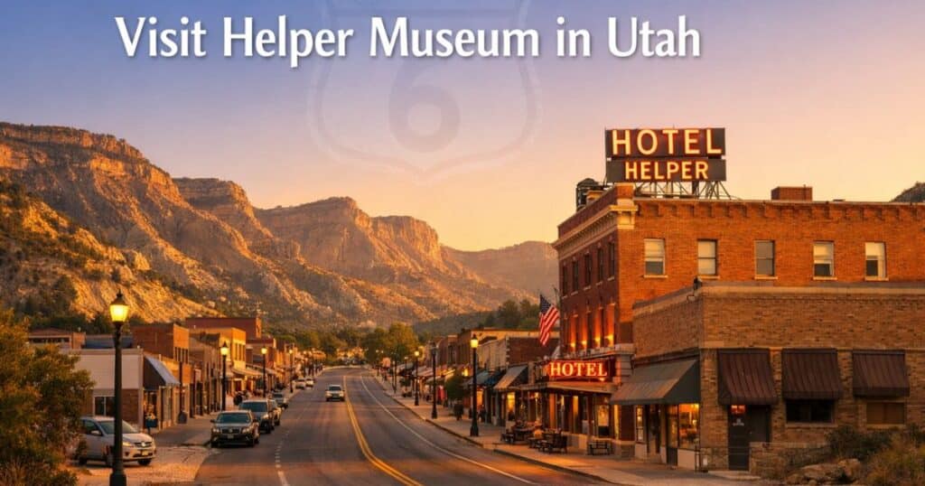 Historic Helper Utah downtown with Hotel Helper along US Route 6 at sunset