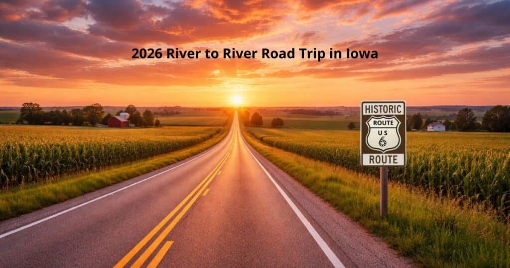 Scenic US Route 6 across Iowa farmland at sunset with open road and wide sky