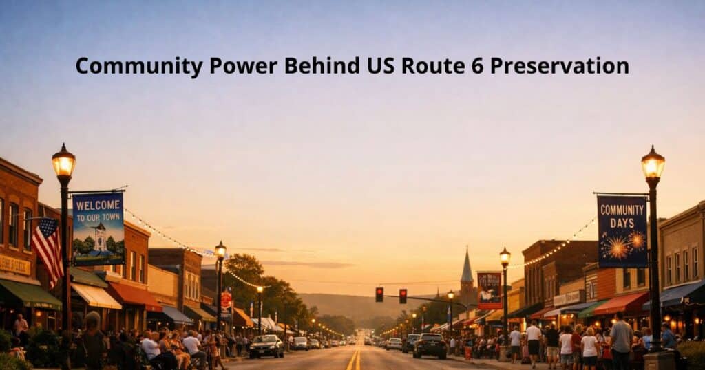 US Route 6 passing through a small town with people and historic buildings