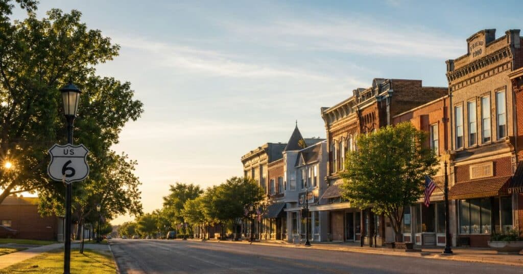 Downtown Friend Nebraska along US Route 6 with historic buildings and tree lined streets