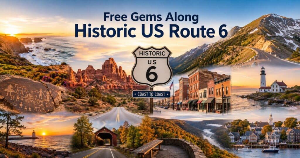 Historic US Route 6 scenic collage featuring mountains, coastlines, small towns, and roadside attractions