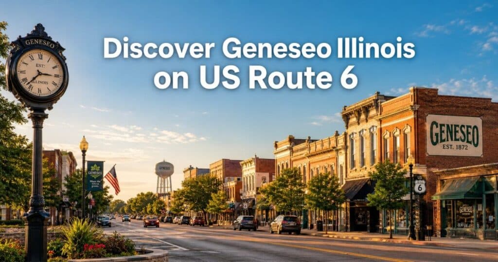 Historic downtown Geneseo Illinois along US Route 6 with classic storefronts and tree lined streets