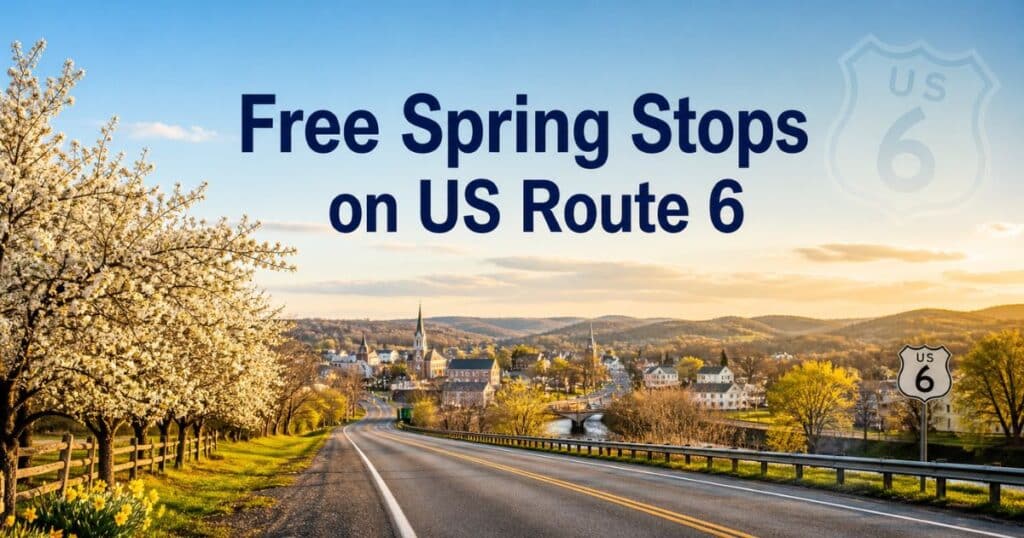 Spring landscape along US Route 6 with trees in bloom and open highway