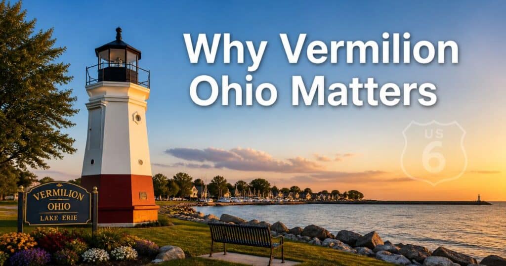 Vermilion harbor with lighthouse along Lake Erie at sunset