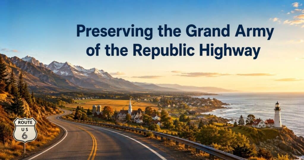 Historic US Route 6 scenic highway with small town and mountain backdrop