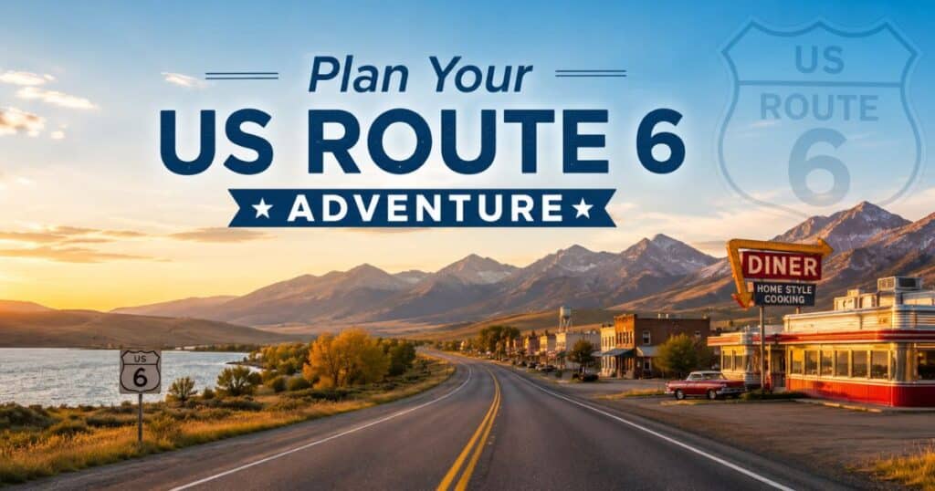 Historic US Route 6 scenic highway road trip at sunset