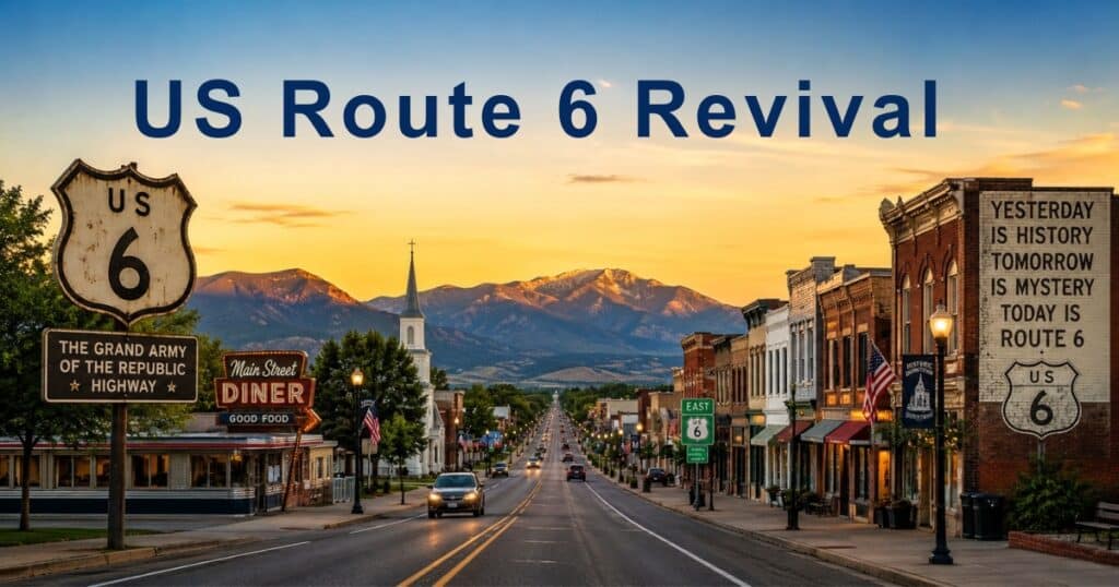 Historic US Route 6 highway stretching through small town America at sunset