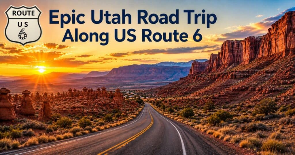 US Route 6 highway through Utah desert with red rock cliffs and sunset sky