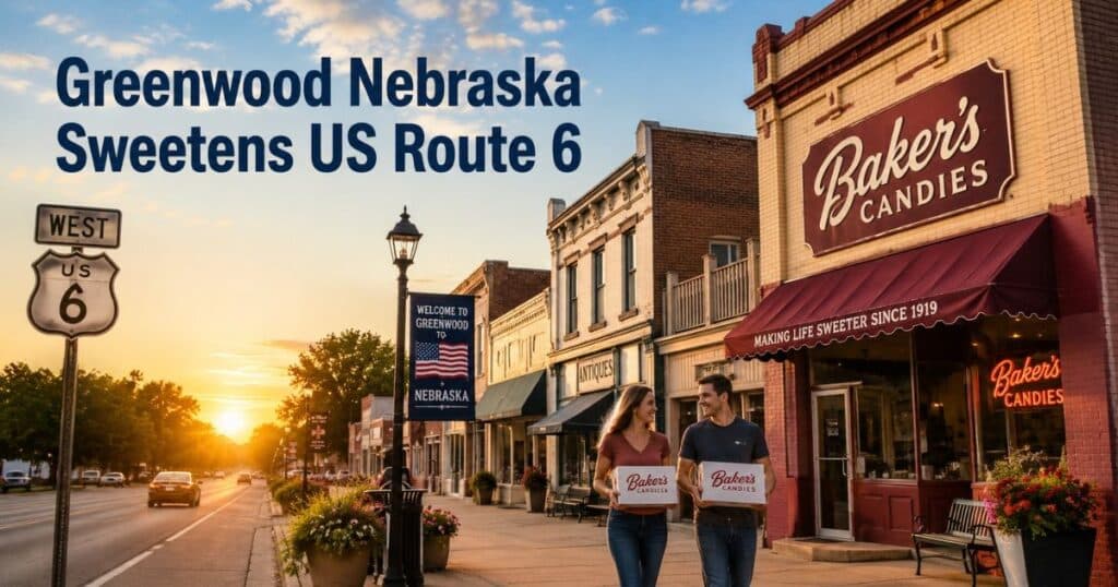 Historic US Route 6 through Greenwood Nebraska with Baker’s Candies and small town storefronts at sunset
