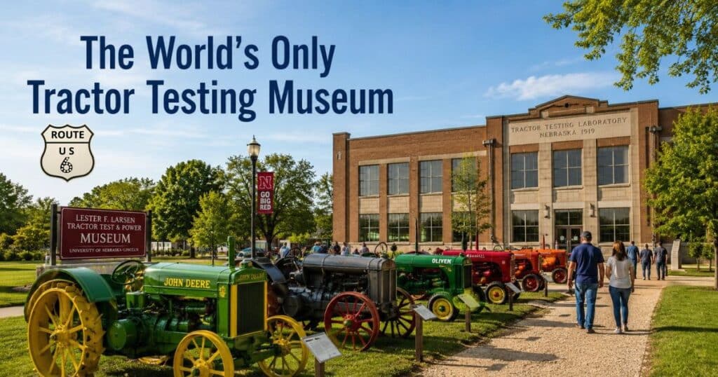 Historic tractors displayed outside the Lester F. Larsen Tractor Test and Power Museum in Lincoln Nebraska