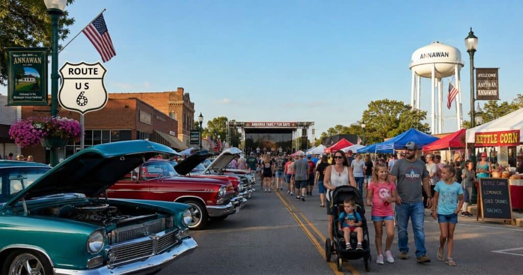 Classic cars and families enjoying Annawan Family Fun Days