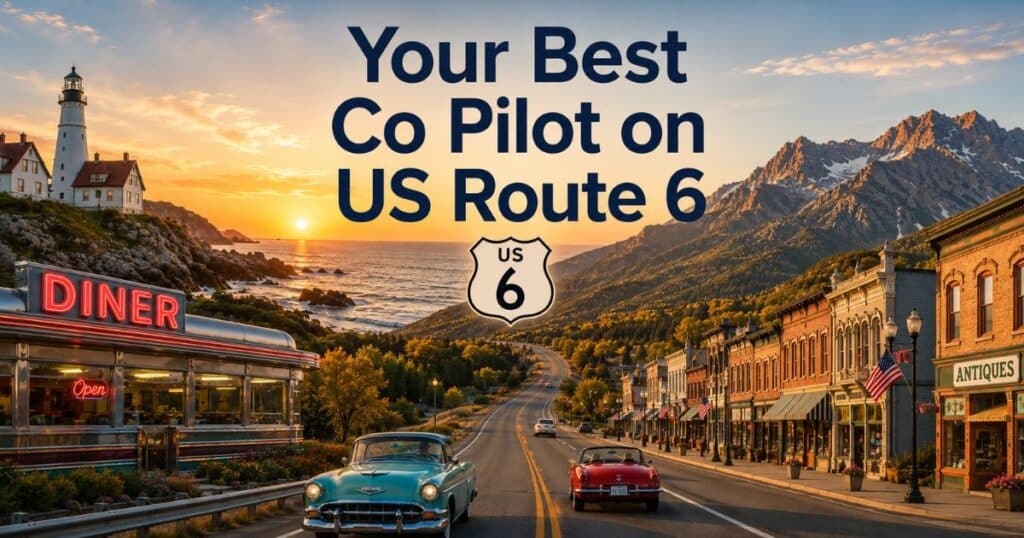Scenic US Route 6 highway stretching through small town America at sunset
