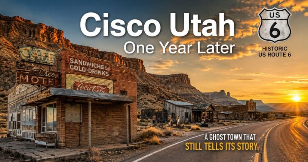 Abandoned buildings in Cisco Utah at sunset along historic US Route 6