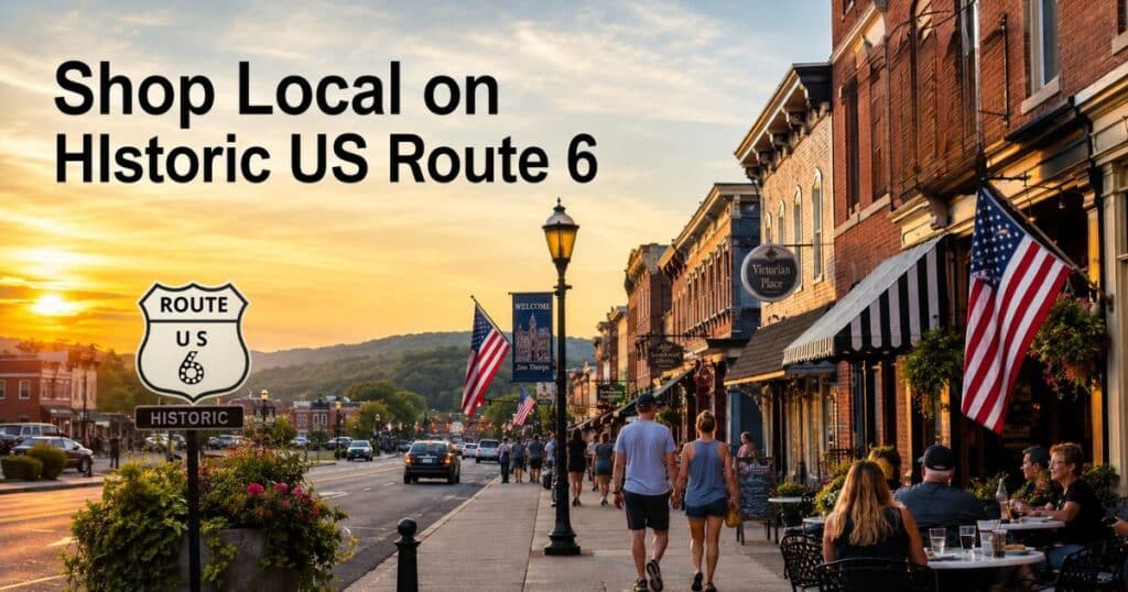 Small town businesses and diners along historic US Route 6 during sunset
