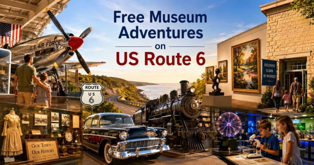 Collage of museums and exhibits along US Route 6 promoting free admission opportunities.