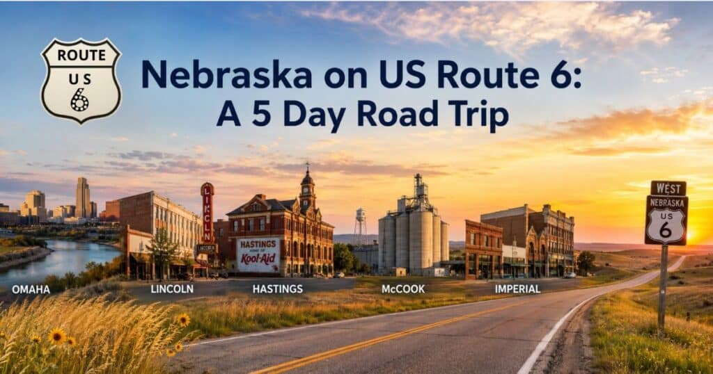 US Route 6 crossing Nebraska prairie with small towns and sunset sky