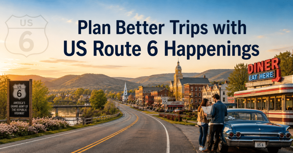 a scenic road trip along historic US Route 6 at sunset