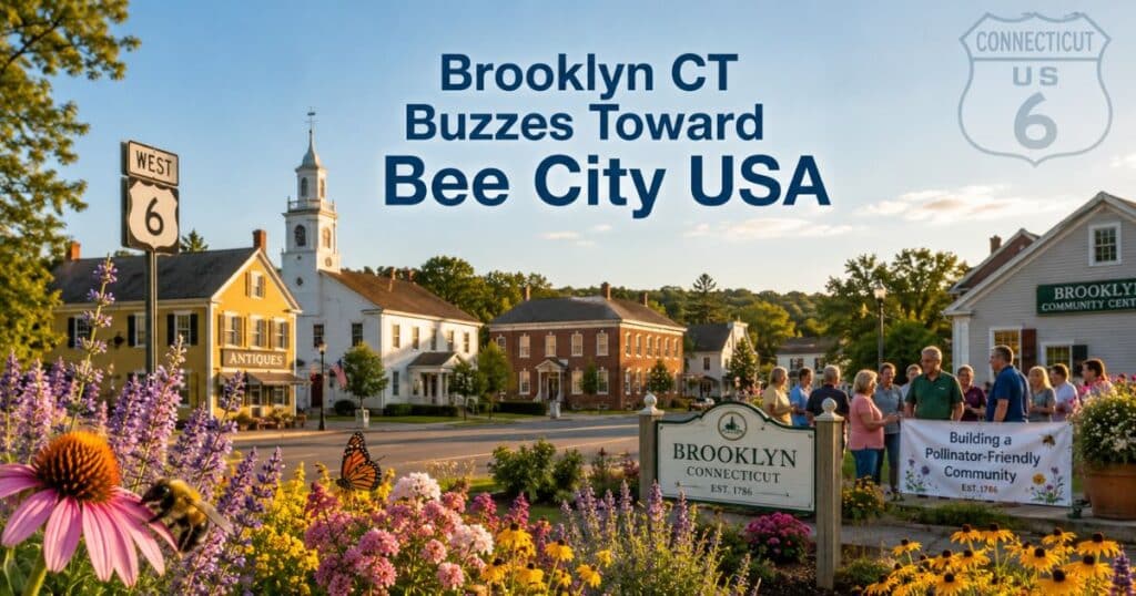 Historic downtown Brooklyn Connecticut along US Route 6 with pollinator friendly flowers and community members gathering for a Bee City USA initiative.