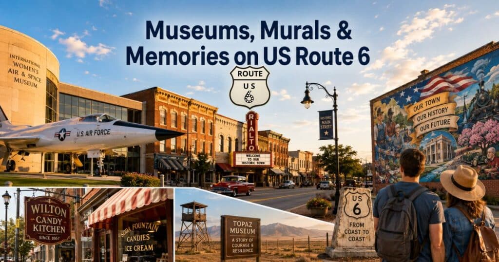 Travelers exploring museums, murals, and historic landmarks along US Route 6 during golden-hour light.