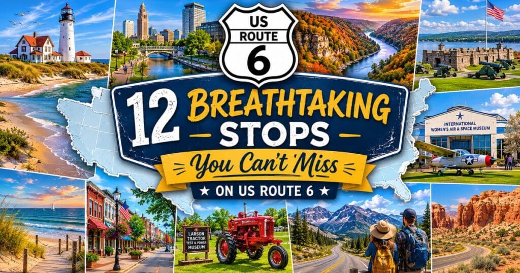 a collage of scenic US Route 6 destinations including coastlines, mountains, historic towns, and museums.