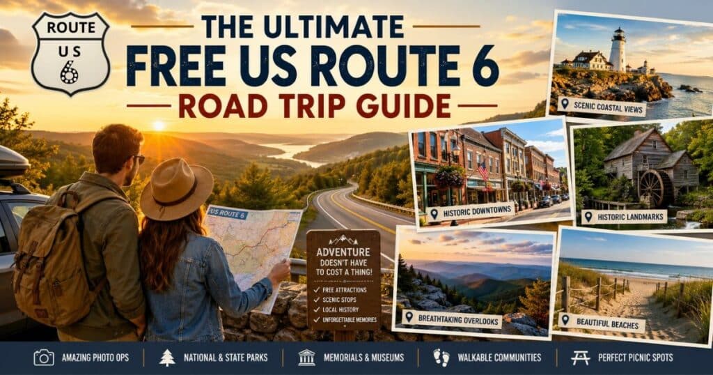 Travelers exploring scenic overlooks, historic landmarks, and free attractions along US Route 6 during a budget friendly road trip across America.