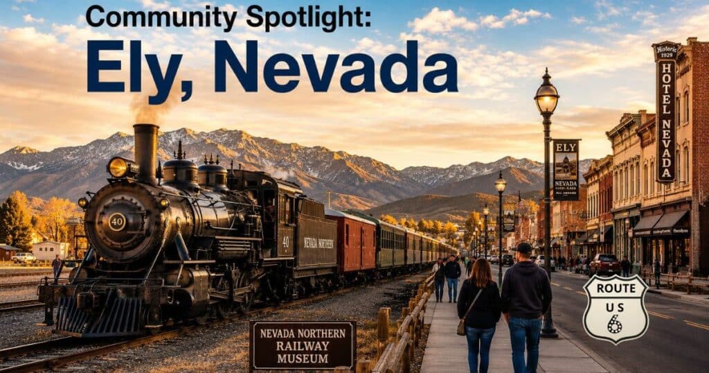 Historic Ely, Nevada along US Route 6 featuring the Nevada Northern Railway Museum steam locomotive, downtown buildings, and mountain scenery at sunset.