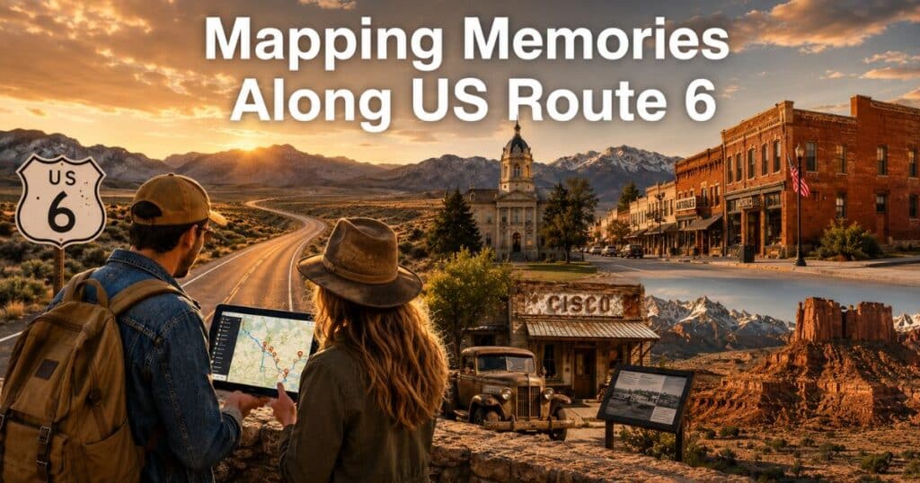 Travelers viewing a digital map at a scenic US Route 6 overlook surrounded by historic landmarks.