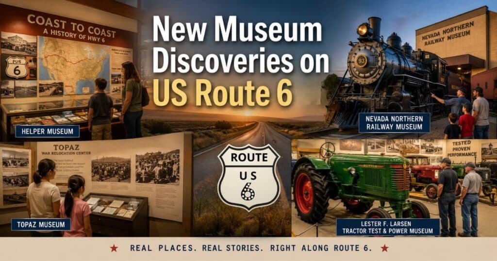 Collage of museums and historic exhibits along US Route 6 with travelers exploring.