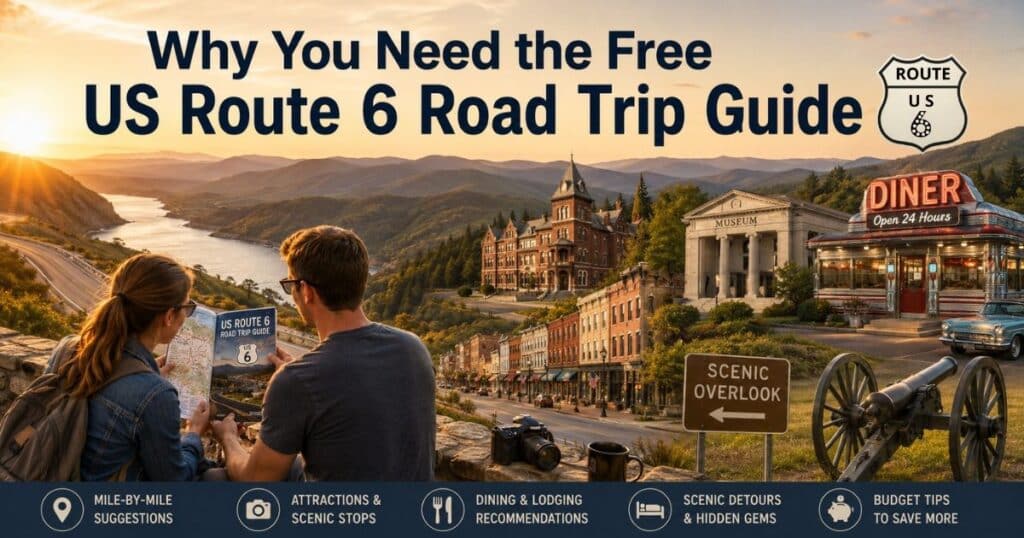 Travelers planning a US Route 6 road trip while overlooking scenic highway landscapes.
