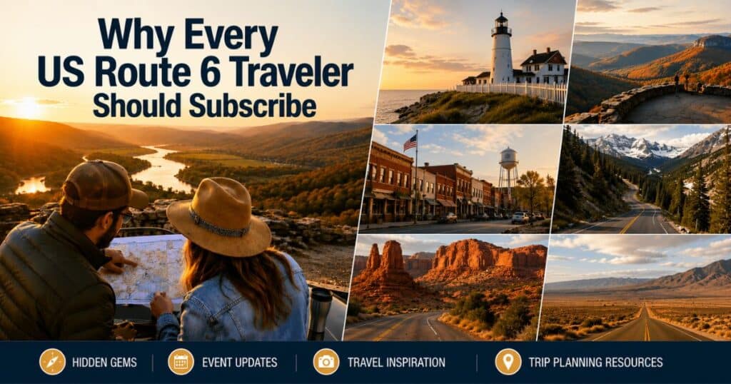 Travelers exploring scenic attractions along historic US Route 6
