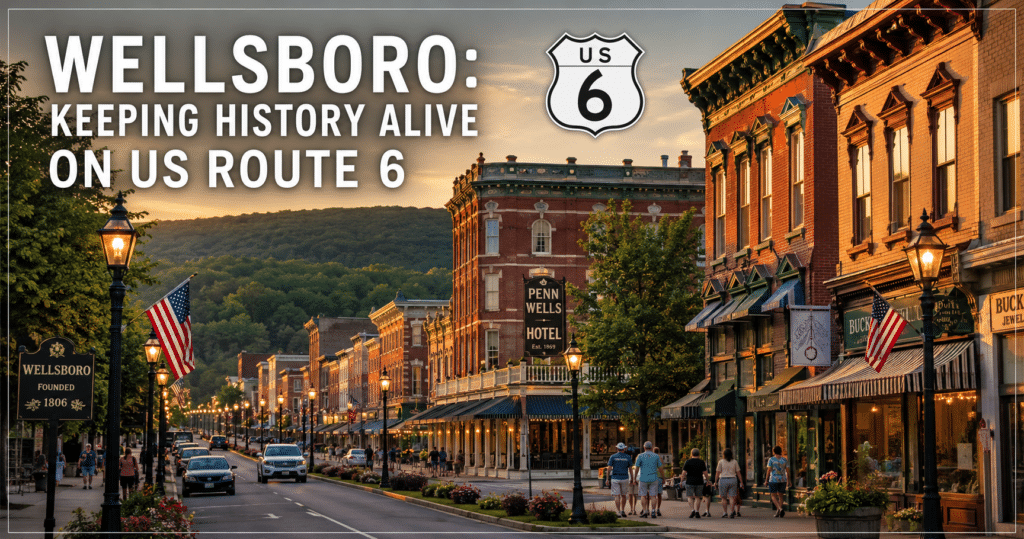 Historic downtown Wellsboro Pennsylvania with gas lights along Main Street on US Route 6.