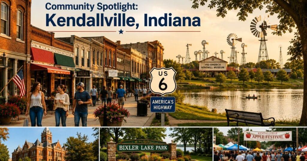 Visitors exploring historic downtown Kendallville with local shops and community landmarks.