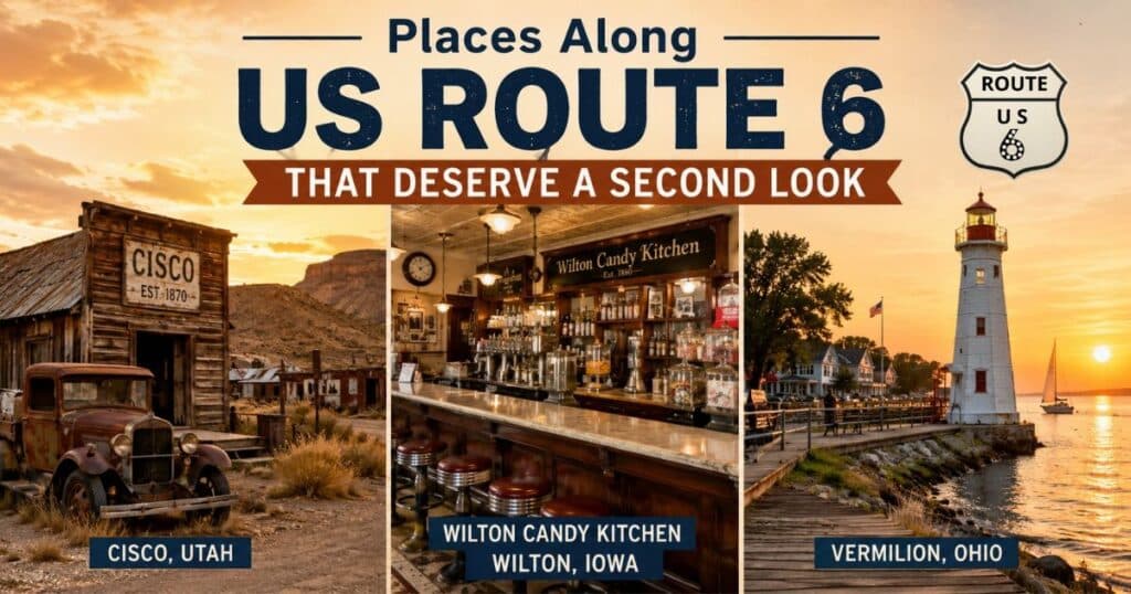 Travelers exploring overlooked destinations along historic US Route 6 at sunset.